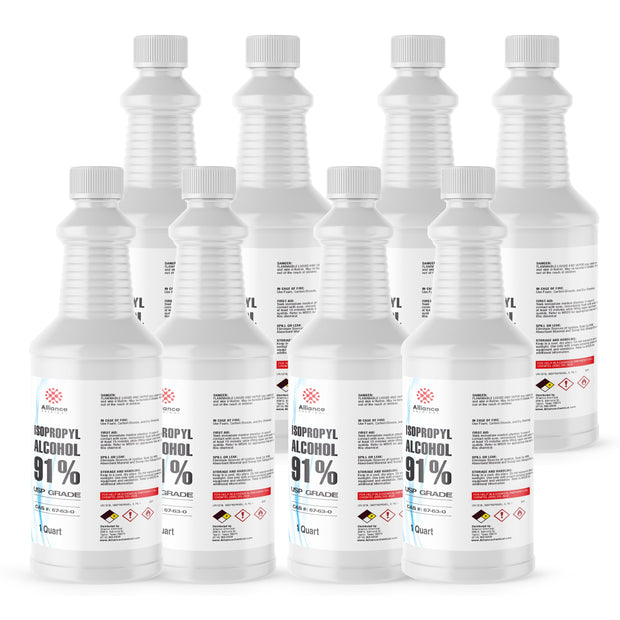 Seven 1-quart plastic bottles of Alliance Chemical Isopropyl Alcohol 91% USP Grade with white ribbed caps