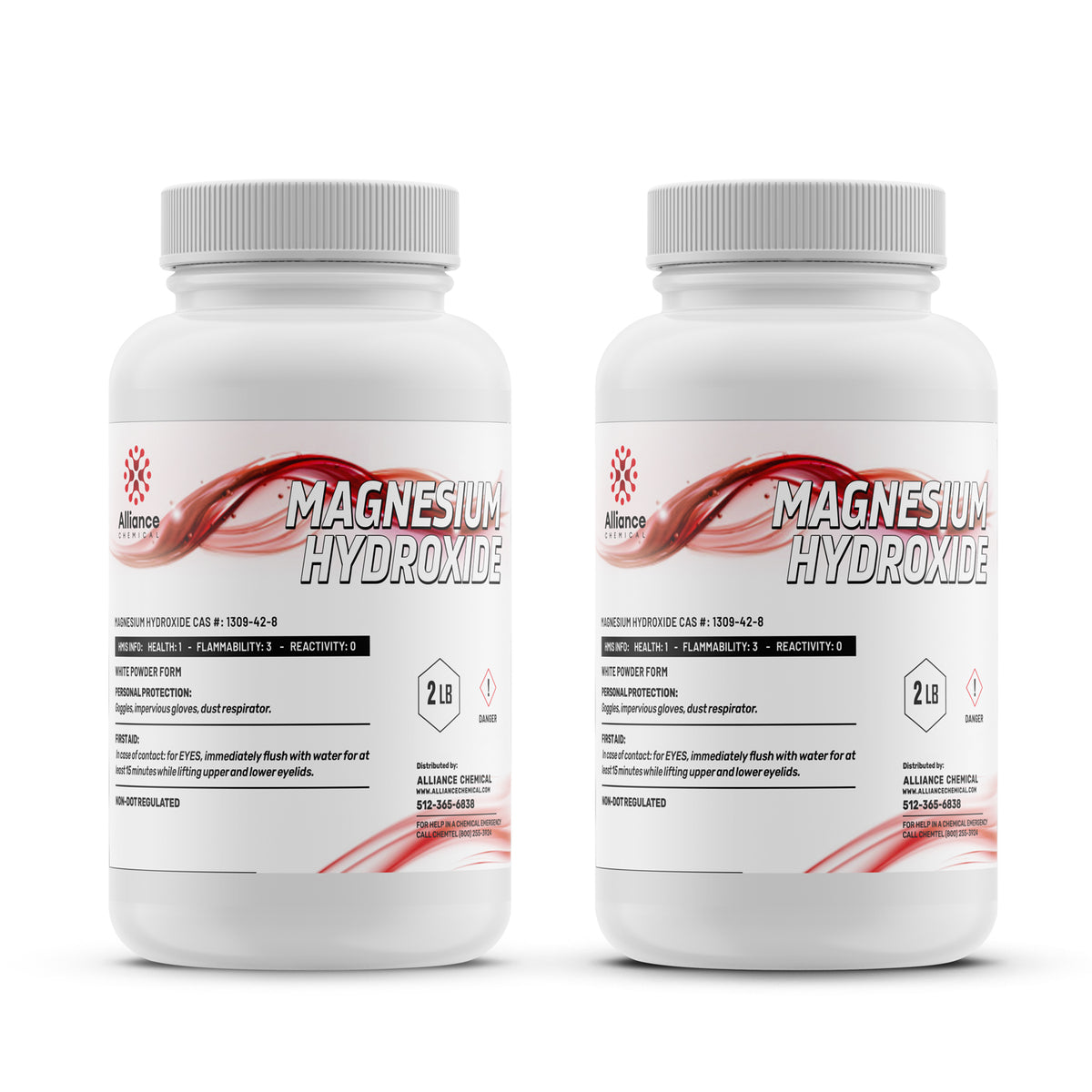2lb Magnesium Hydroxide technical-grade white powder in HDPE bottle, Health:1/Flammability:3/Reactivity:0, Alliance
