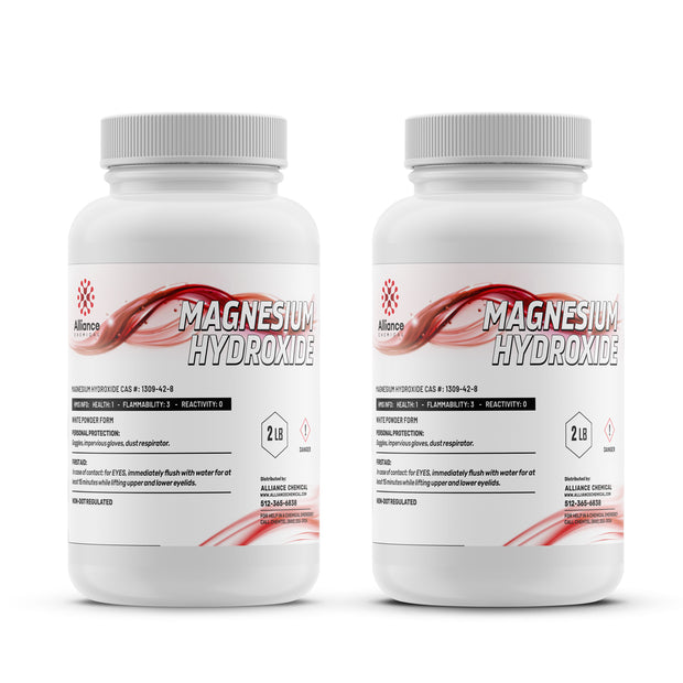 2lb Magnesium Hydroxide technical-grade white powder in HDPE bottle, Health:1/Flammability:3/Reactivity:0, Alliance