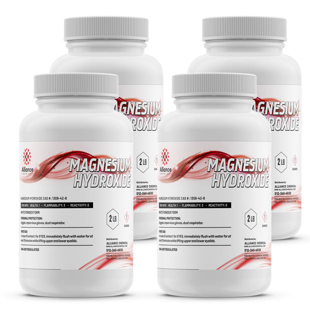 Four 2-lb Alliance Chemical Magnesium Hydroxide Technical Grade plastic bottles with white ribbed screw cap and product la...