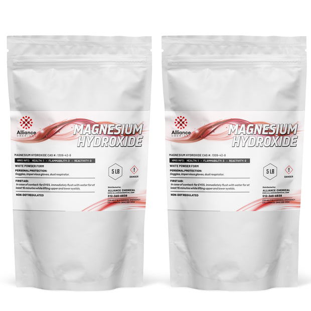 Two 5-lb bags of Alliance Chemical Magnesium Hydroxide Technical Grade with labels and sealed tops.