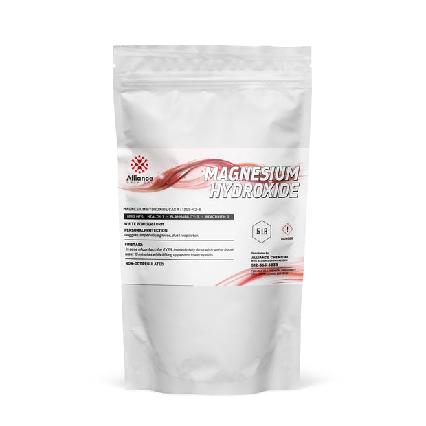 One 5-lb plastic bag of Alliance Chemical Magnesium Hydroxide Technical Grade with a resealable closure and product label.