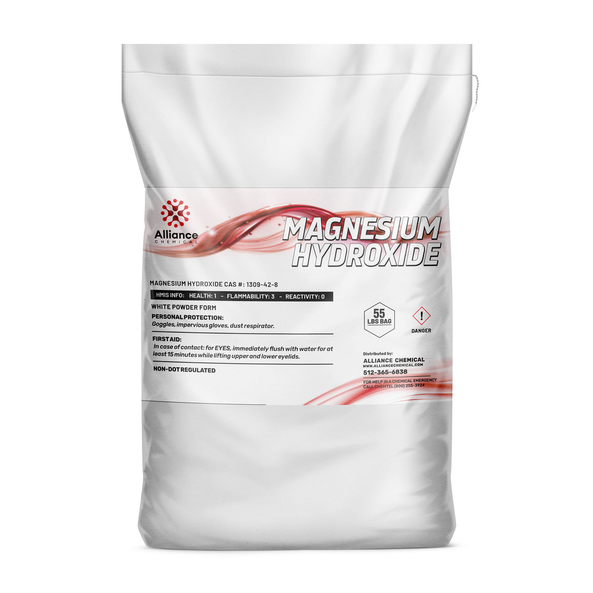 One 55-lbs bag of Alliance Chemical Magnesium Hydroxide Technical Grade with printed label.