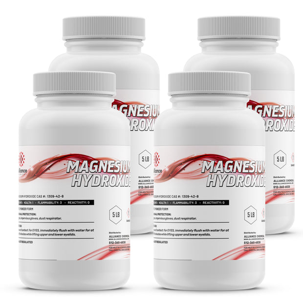 Four 5-lb plastic bottles of Alliance Chemical Magnesium Hydroxide Technical with white screw caps and product labels.