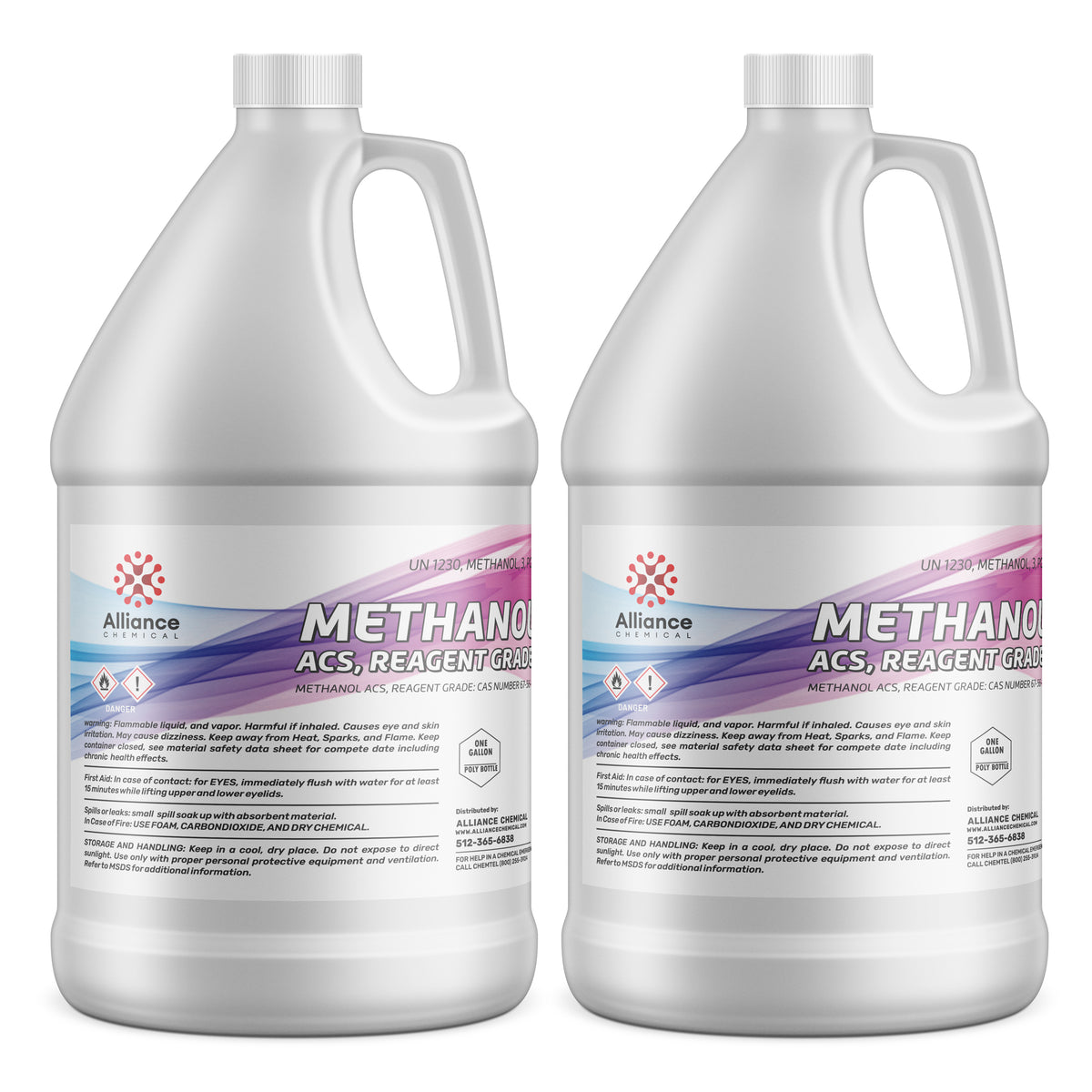 Two 1-gallon HDPE jugs of Alliance Chemical Methanol ACS Reagent Grade with white caps and handles.