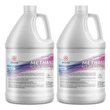 Two 1-gallon HDPE jugs of Alliance Chemical Methanol ACS Reagent Grade with white caps and handles.
