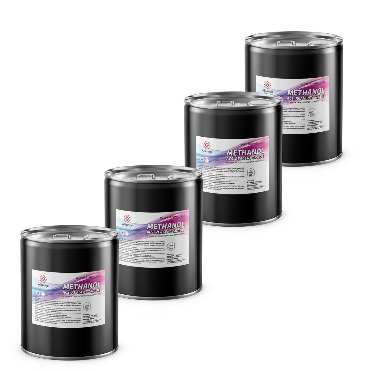 4x5-gallon black steel drums of ACS Reagent Grade Methanol from Alliance Chemical