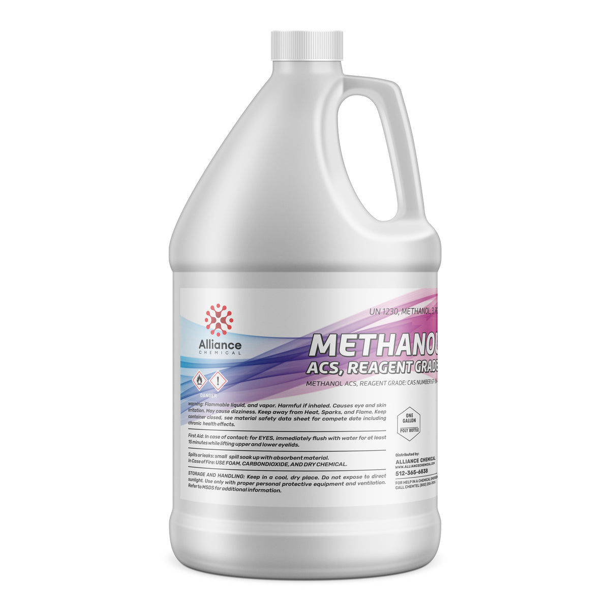 Alliance Chemical One-gallon HDPE bottle of Methanol ACS Reagent Grade, flammable/toxic warning symbols, and safety handling