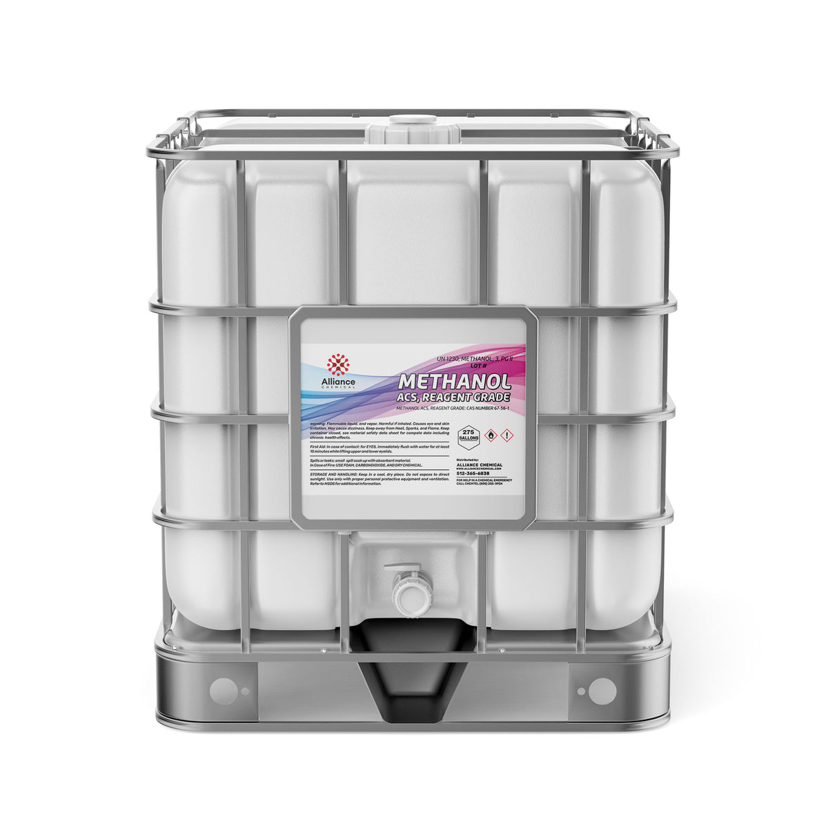 275-gallon reagent-grade methanol in white IBC tote container , ACS certified, hazard labels 1/3, Alliance Chemical branding