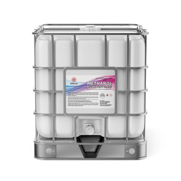 275-gallon reagent-grade methanol in white IBC tote container , ACS certified, hazard labels 1/3, Alliance Chemical branding