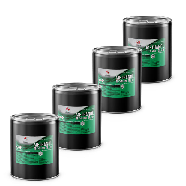 4x5-gallon drums of Technical Grade Methanol in black steel containers, Alliance Chemicals for industrial use