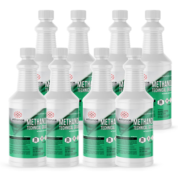8 quart bottles of technical-grade methanol in HDPE containers flammable warning symbols, Alliance Chemical