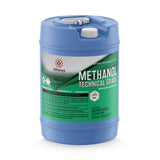 15-gallon HDPE drum of technical-grade methanol, flammability warnings, and Alliance Chemical branding