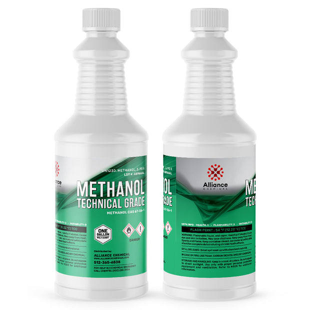 1-quart HDPE bottles of technical-grade methanol from Alliance Chemical