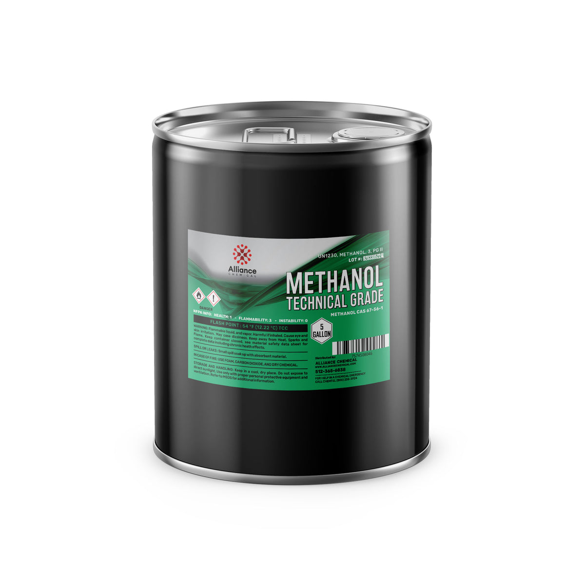 5-gallon black steel drum of technical-grade methanol with flammability/instability warning symbols, Alliance Chemical