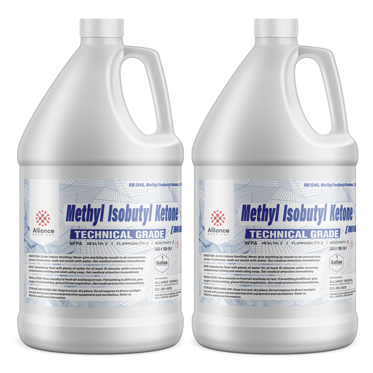 Two 1-gallon HDPE jugs of Alliance Chemical Methyl Isobutyl Ketone Technical Grade with white screw caps and handles.