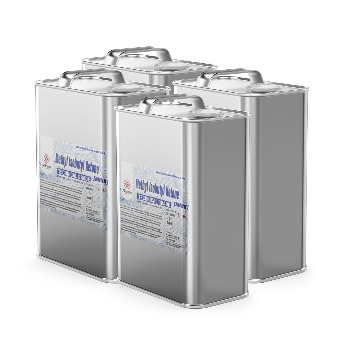 Four steel 1-quart cans of Alliance Chemical Methyl Isobutyl Ketone Technical Grade with labels and metal handles.