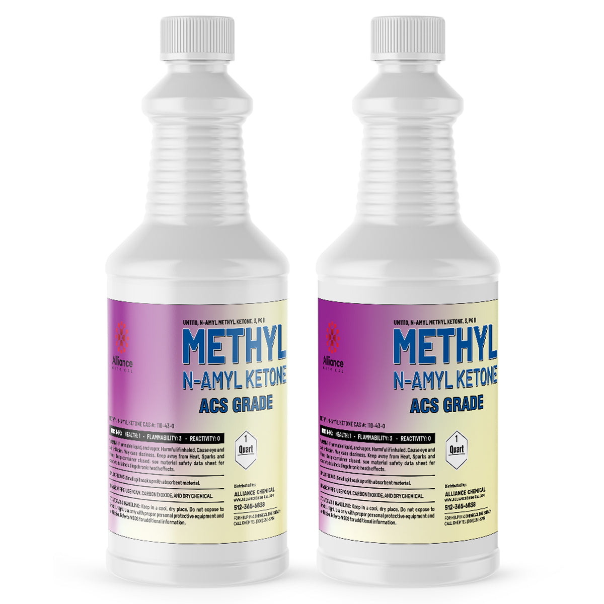 Alliance Chemical 1-quart bottles of Methyl N-Amyl Ketone (MNAK) ACS Grade, HDPE containers flammability warning symbol