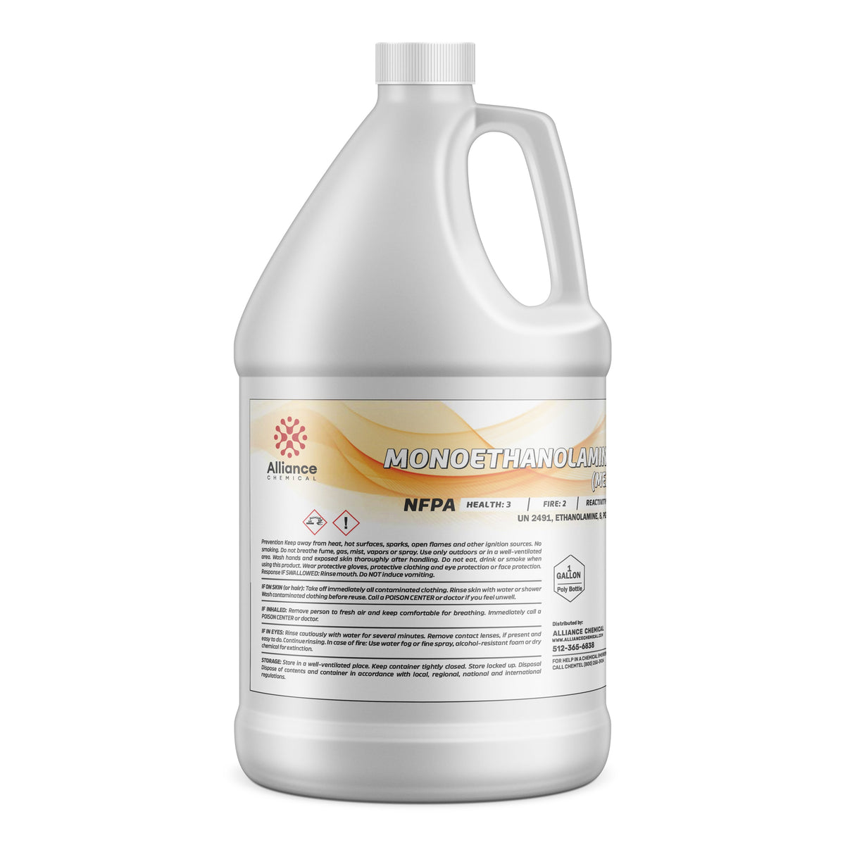 Alliance Chemical One-gallon HDPE jug of Monoethanolamine (MEA), with NFPA diamond, UN2491 classification, and safety