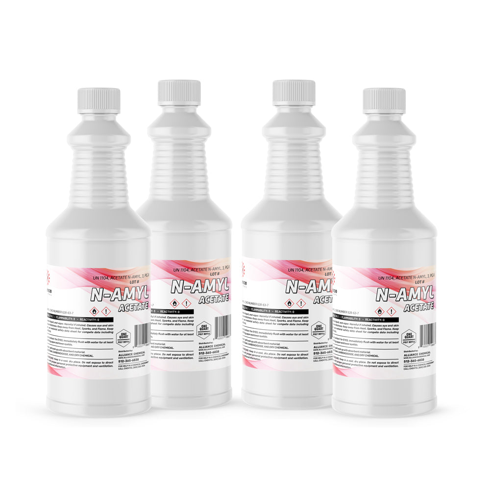Four 1-quart Alliance Chemical Amyl Acetate plastic bottles with white screw caps and product labels.