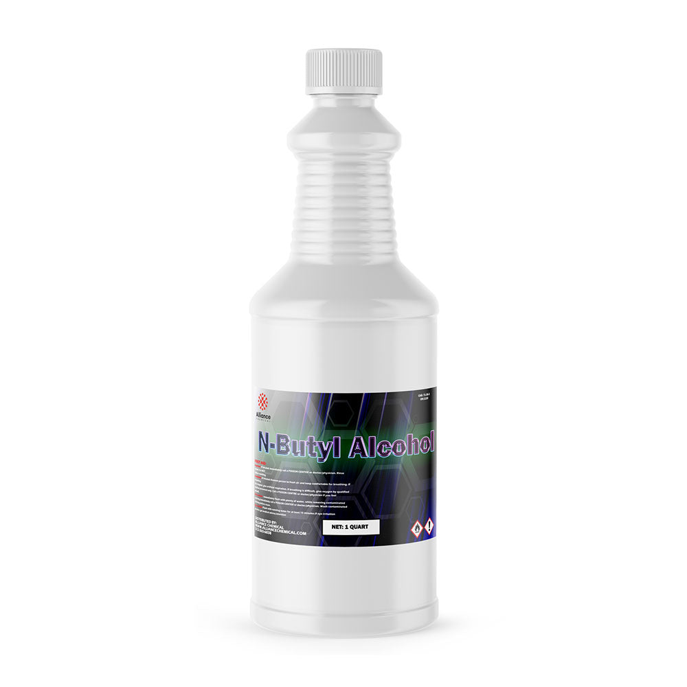 1-quart N-Butyl Alcohol in ribbed HDPE bottle with industrial chemical label, screw cap closure - Alliance Chemical