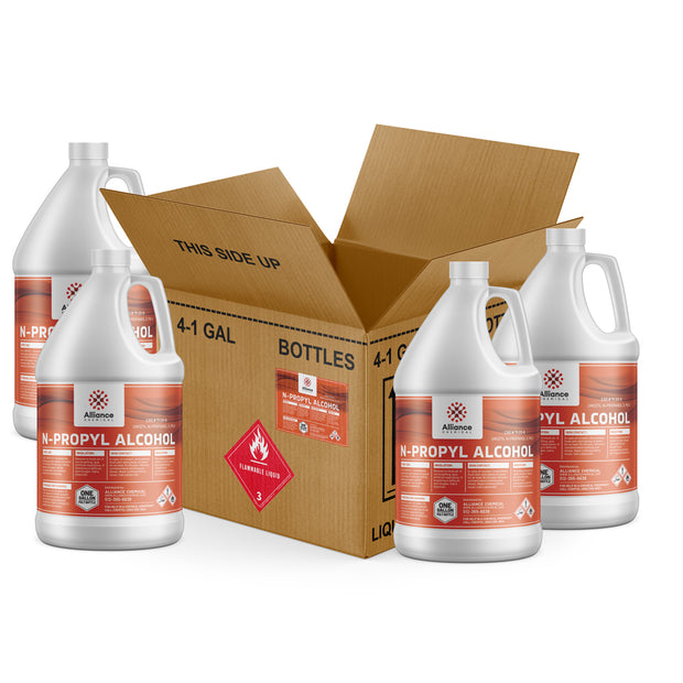 Alliance Chemical 4x1-gallon Alliance N-Propyl Alcohol in HDPE jugs with cardboard shipping box, flammable liquid Class 3