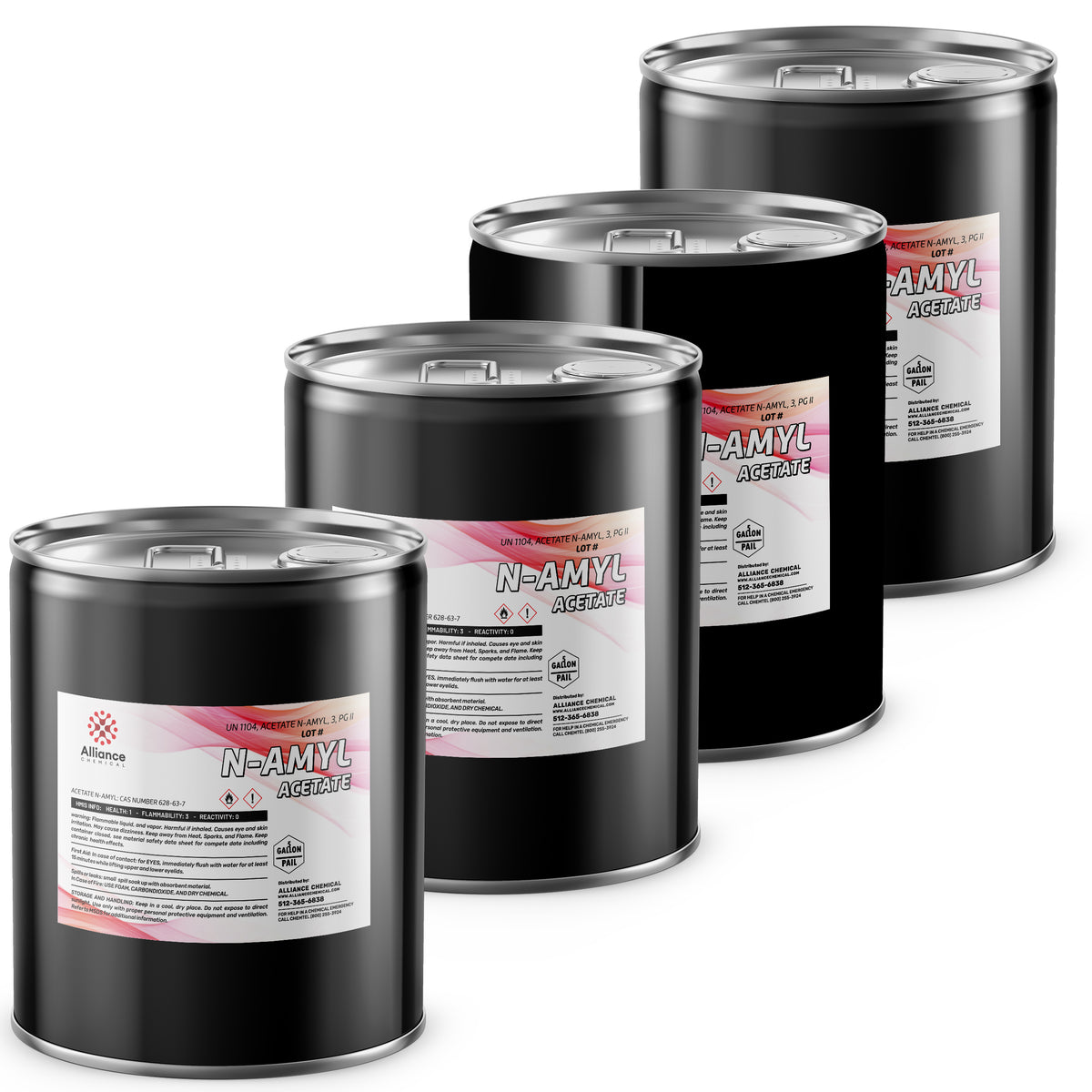 4x5-gallon industrial N-Amyl Acetate in black steel drums, Alliance Chemical branded