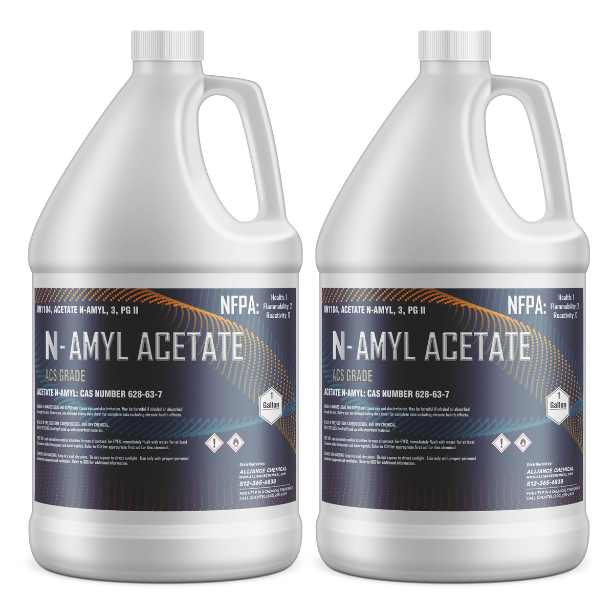 Two 1-gallon HDPE jugs of Alliance Chemical Amyl Acetate ACS Grade with white screw caps and product labels.