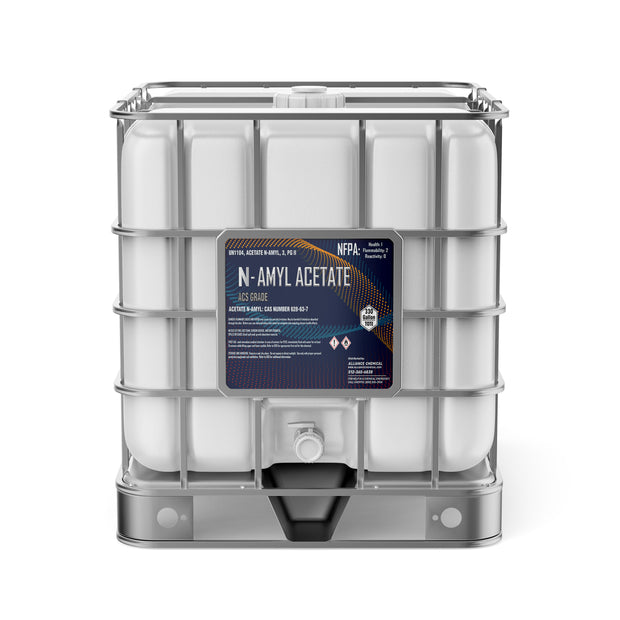Alliance Chemical Amyl Acetate ACS Grade 330-gallon plastic tote with a metal cage, label, and valve.