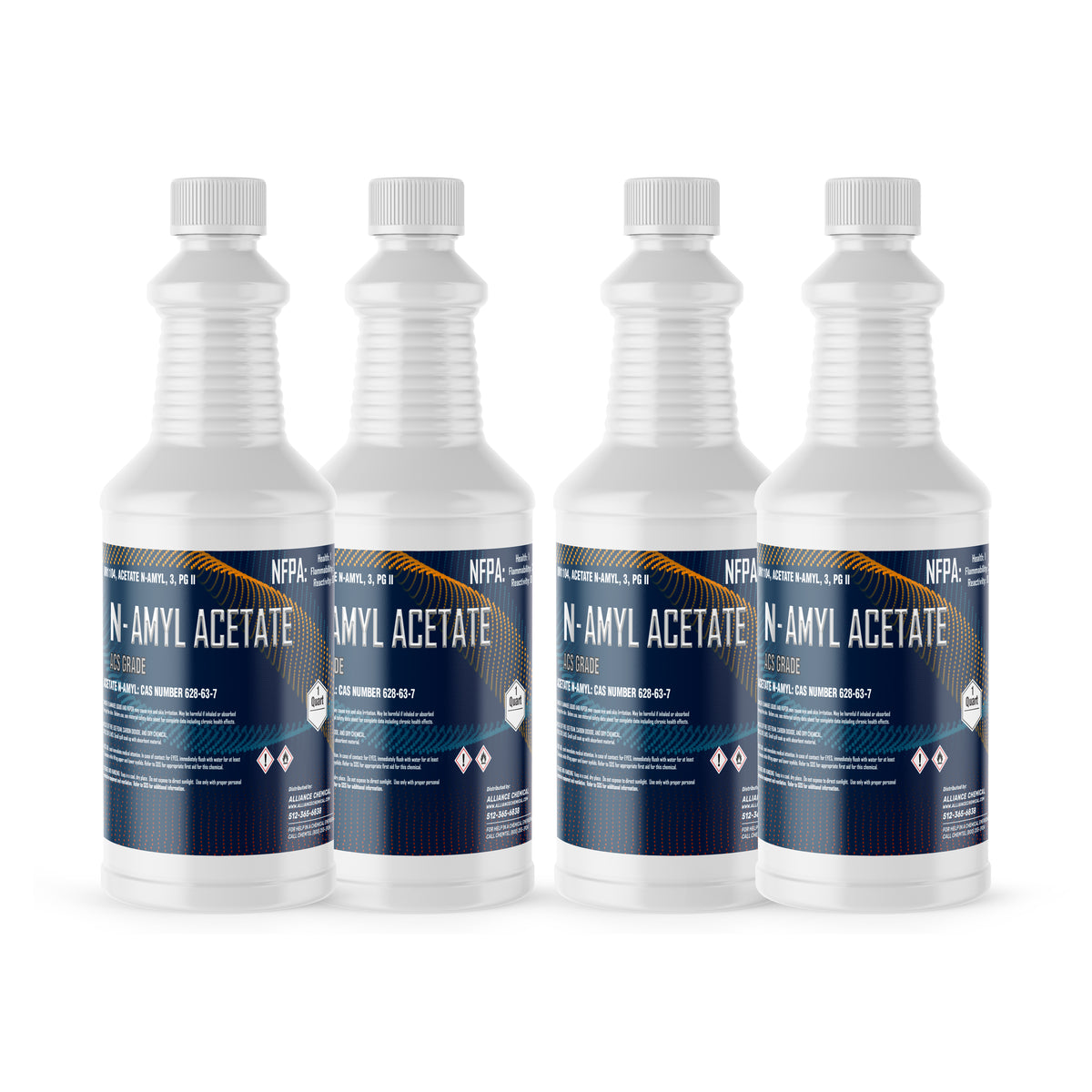 Four 1-quart plastic bottles of Alliance Chemical N-Amyl Acetate ACS Grade with white caps and product label.