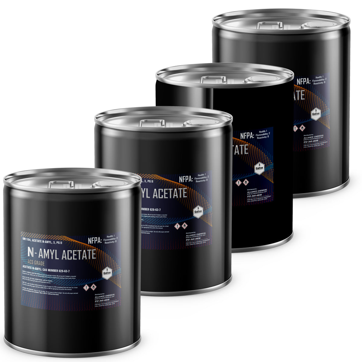 Four 5-gallon steel pails of Alliance Chemical Amyl Acetate ACS Grade with silver lids and product labels.