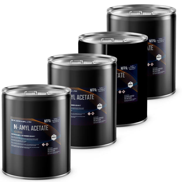 Four 5-gallon steel pails of Alliance Chemical Amyl Acetate ACS Grade with silver lids and product labels.