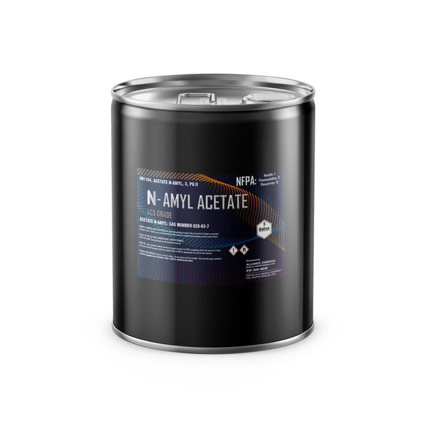 5-gallon steel pail of Alliance Chemical Amyl Acetate ACS Grade with a silver lid and black and blue label