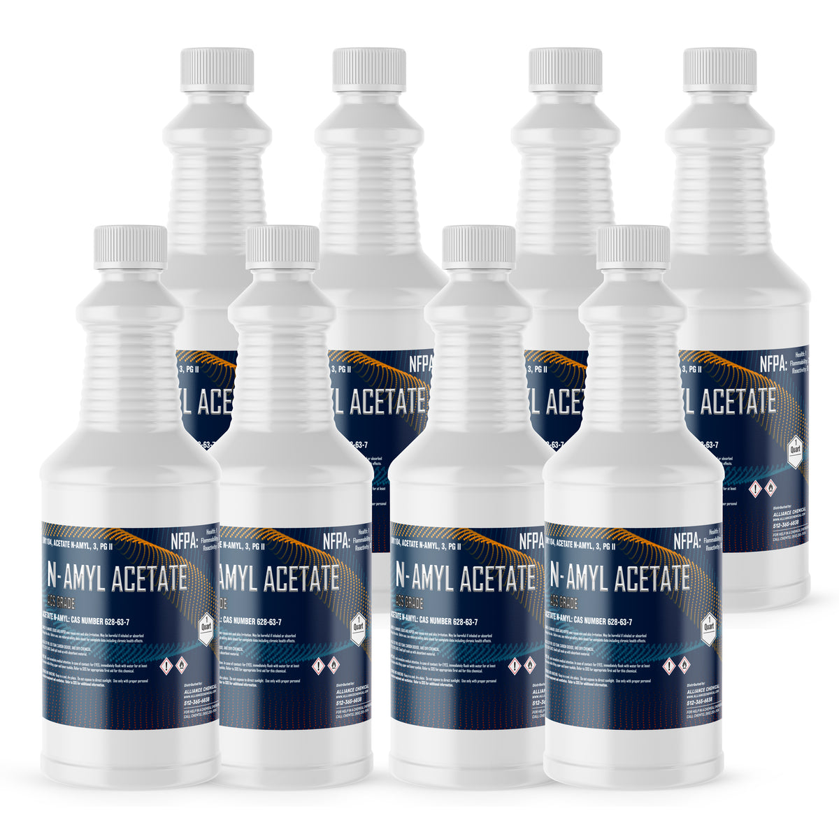 Eight Alliance Chemical 1-quart HDPE bottles of Amyl Acetate ACS Grade with white screw caps and product label.