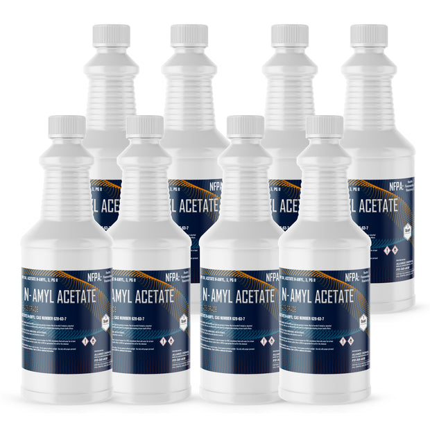 Eight Alliance Chemical 1-quart HDPE bottles of Amyl Acetate ACS Grade with white screw caps and product labels.