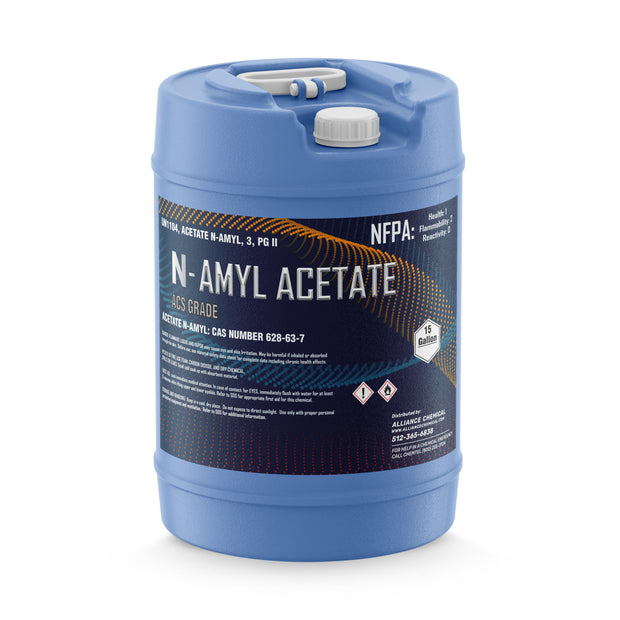 15-gallon HDPE drum of Alliance Chemical Amyl Acetate ACS Grade with a white cap and integrated handle.