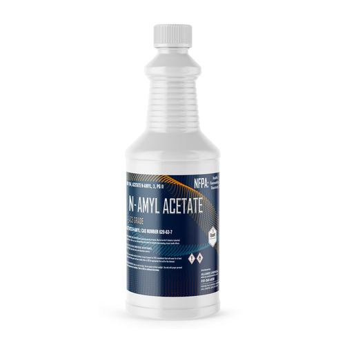 1-Quart HDPE bottle of Alliance Chemical Amyl Acetate ACS Grade with a white screw cap and product label.