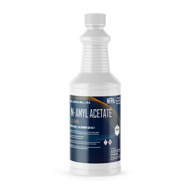 1-Quart HDPE bottle of Alliance Chemical Amyl Acetate ACS Grade with a white screw cap and product label.