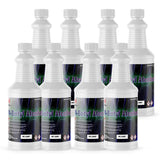 Seven 1-quart plastic bottles of Alliance Chemical N-Butyl Alcohol with white screw caps and product label.