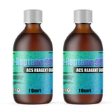 Two 1-Quart glass bottles of Alliance Chemical n-Heptane 99% ACS Grade with labels and white ribbed screw cap.