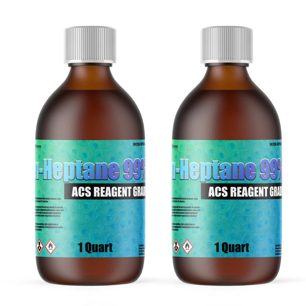 Two 1-Quart glass bottles of Alliance Chemical n-Heptane 99% ACS Grade with labels and white ribbed screw cap.