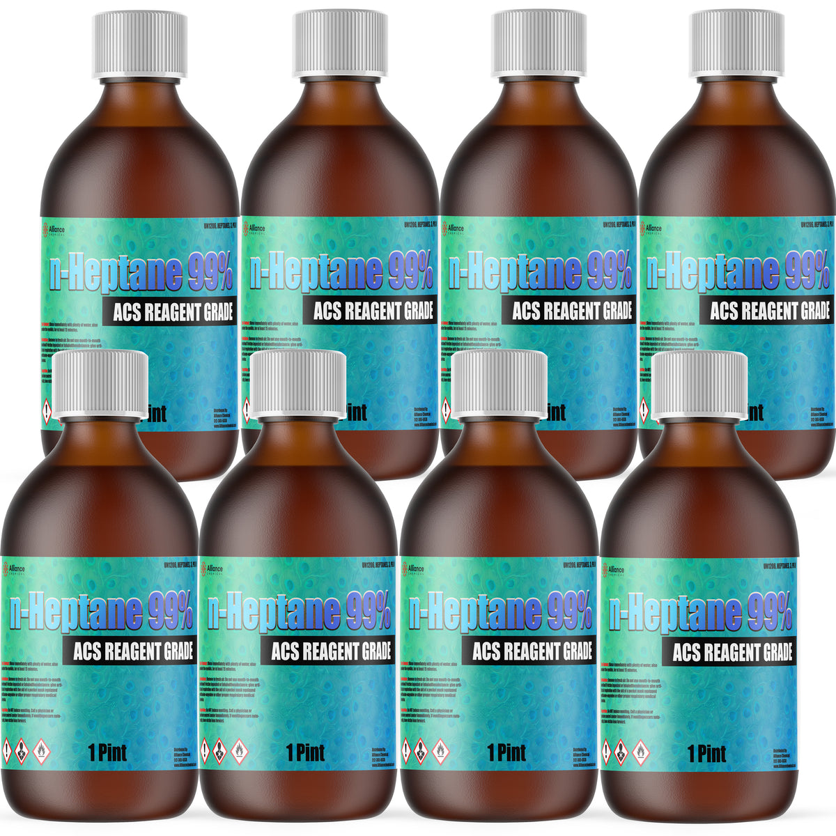 Eight 1-Pint glass bottles of Alliance Chemical n-Heptane 99% ACS with labels and silver-colored screw caps