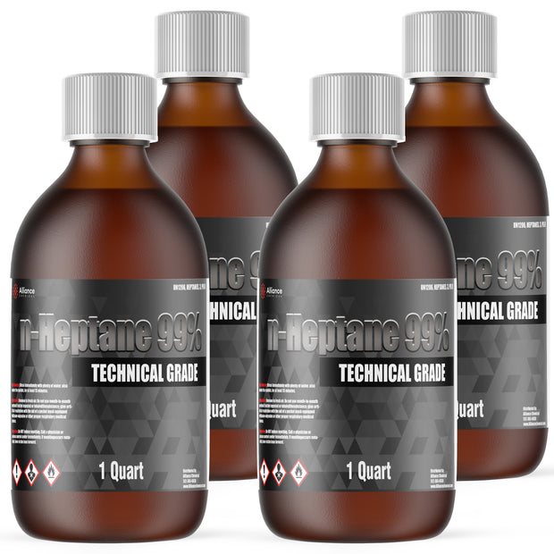 1-quart amber glass bottles of 99% n-Heptane Technical Grade solvent, gray labeling, and white ribbed caps - Alliance