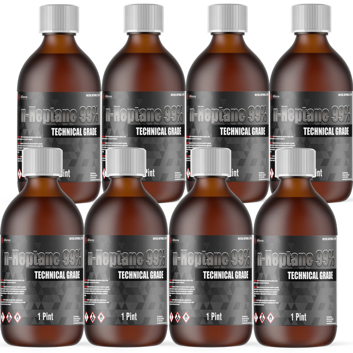 Eight 1-Pint glass bottles of Alliance Chemical n-Heptane 99% Technical Grade with silver screw cap and product label.