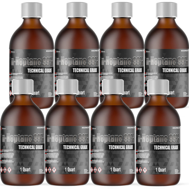 Eight 1-quart bottles of Alliance Chemical n-Heptane 99% Technical Grade with silver caps and product label.