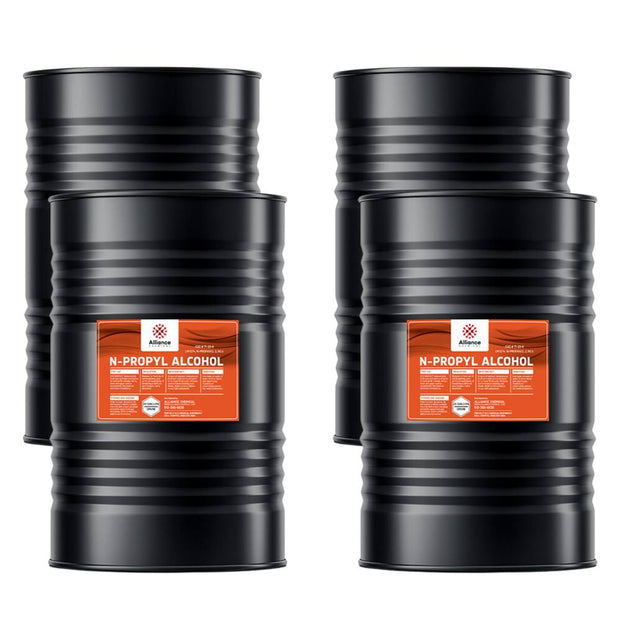 55-gallon industrial drums of N-Propyl Alcohol by Alliance Chemical, black steel containers dual drum configuration