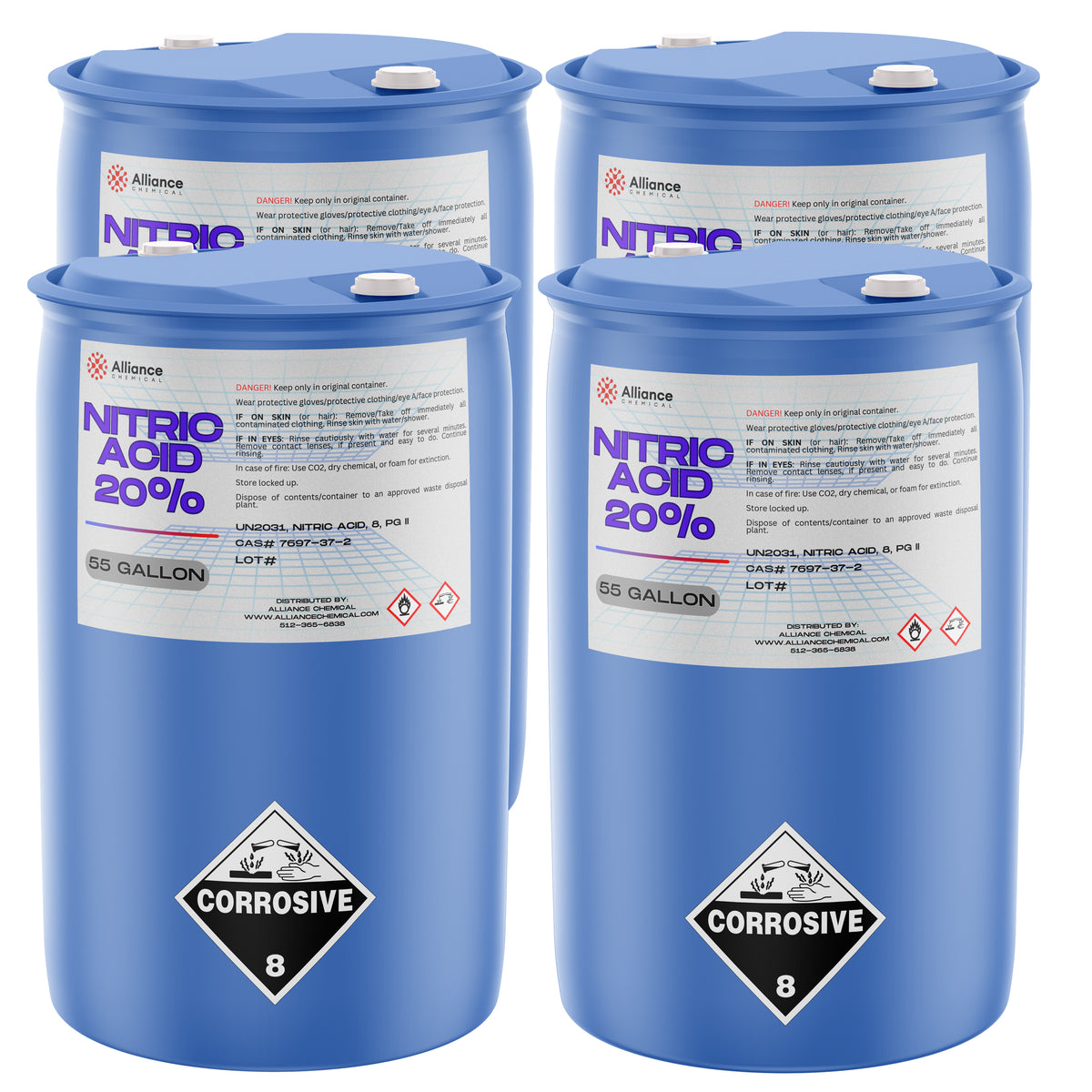 Four 55-gallon blue HDPE drums of Alliance Chemical Nitric Acid 20% with labels and white caps