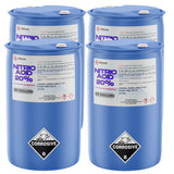Four 55-gallon blue HDPE drums of Alliance Chemical Nitric Acid 20% with labels and white caps