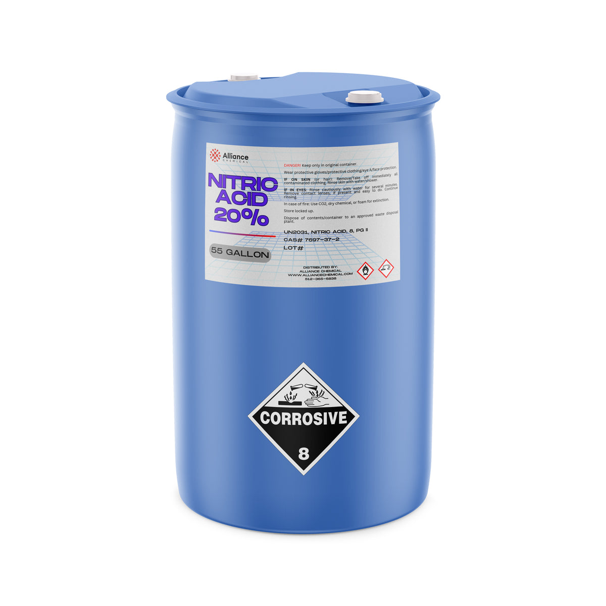 One 55-gallon blue HDPE drum of Alliance Chemical Nitric Acid 20% with a white cap and product label.