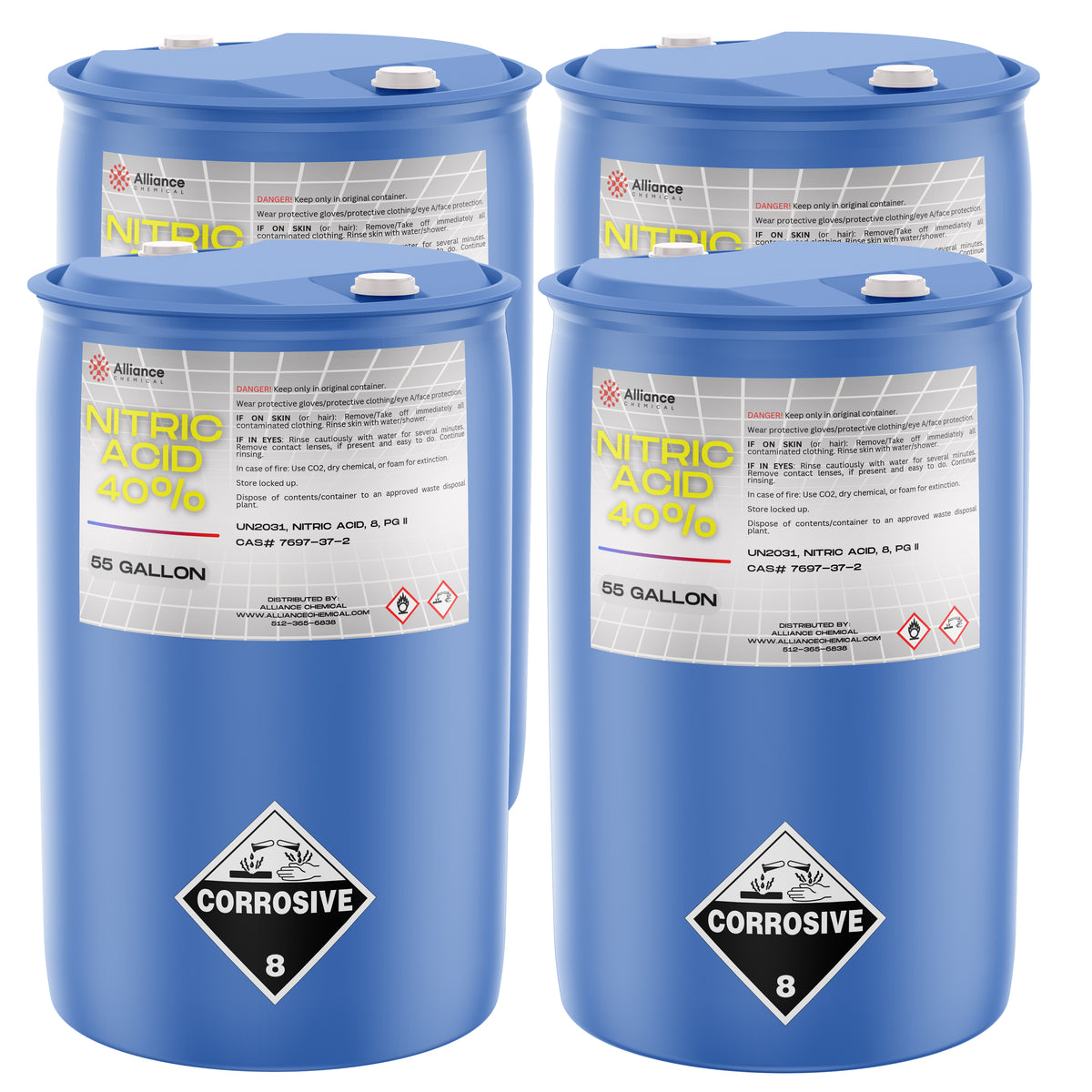 Four 55-gallon blue plastic drums of Alliance Chemical Nitric Acid 40% with labels and white caps